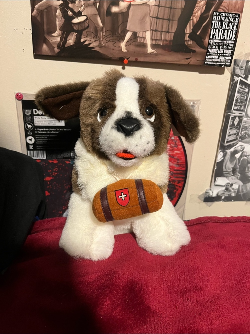 Vintage Saint Bernard Plush Dog with Rescue Barrel NWT